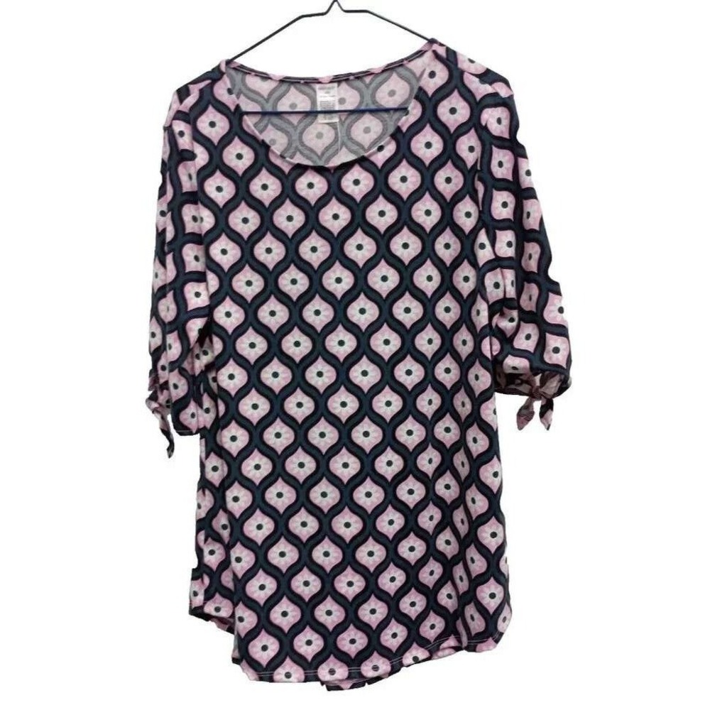West Loop BOHO Tunic Top Womens Large Pink Navy Floral Short Sleeve Tie Cuff